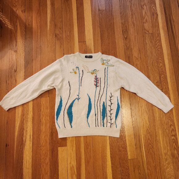 Vintage Capriccio Floral Embroidered Grandma Sweater Cream Boho Cottagecore Sz M - Picture 6 of 10